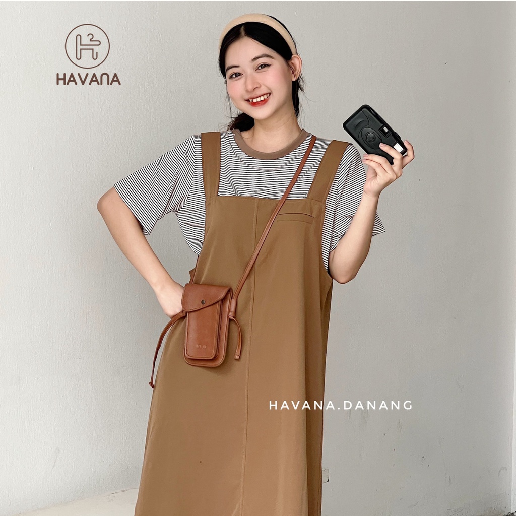 Set váy yếm kaki nữ kèm áo thun, yếm dài kèm áo thun kẻ sọc freesize hai màu AE196