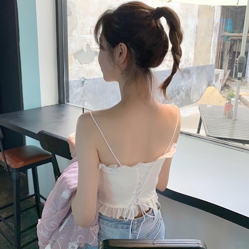 Áo Hai Dây Dáng Ôm Phối Bèo Xinh Xắn Kiểu Hàn Quốc