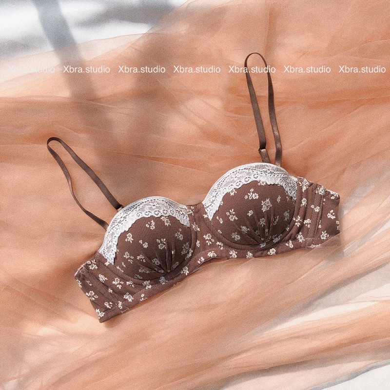 Bộ đồ lót hoa nhí nâu phối ren áo cup ngang CÓ MÚT | BigBuy360 - bigbuy360.vn
