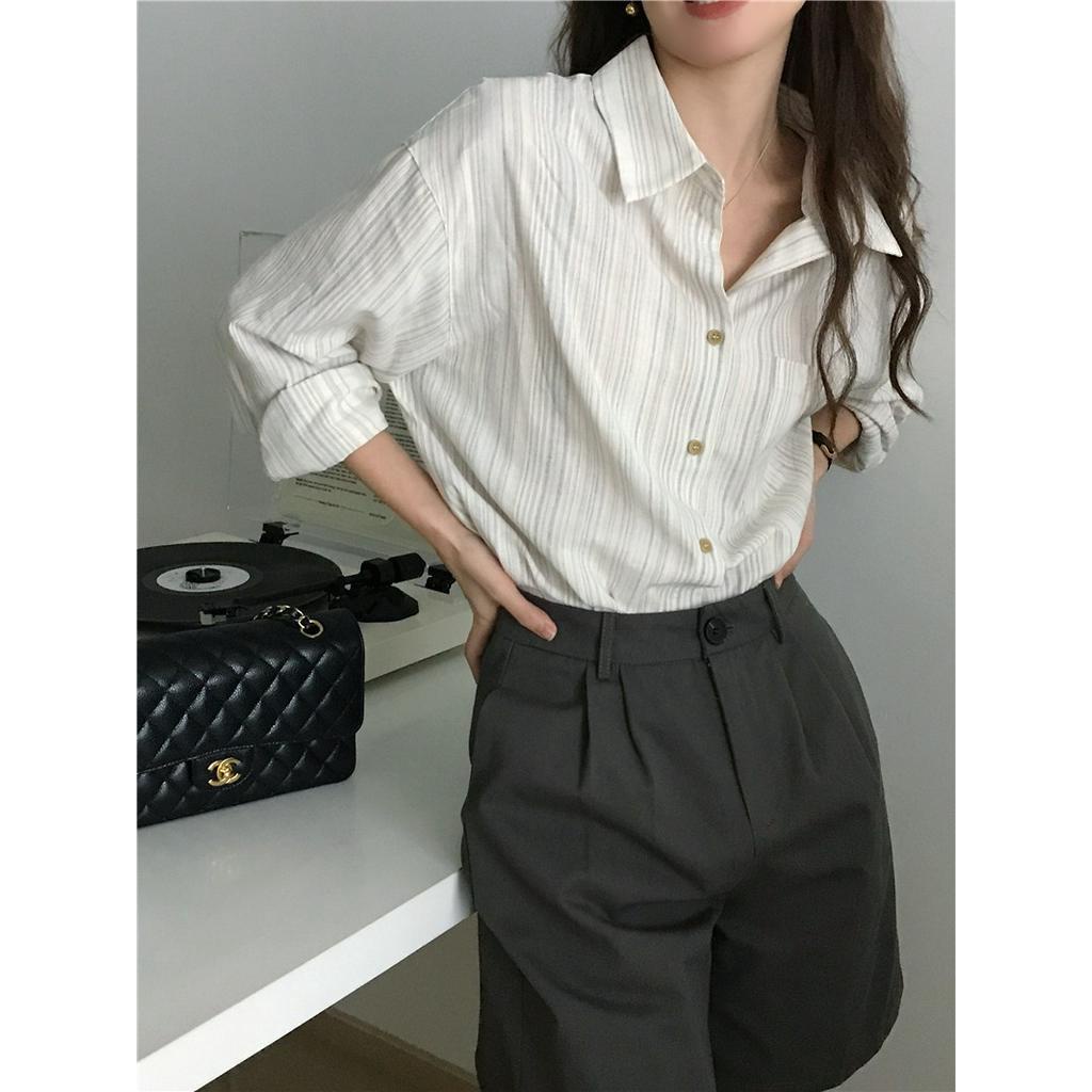 61148 Áo Sơ Mi Dài Tay Sọc Đơn Giản Vải Lanh Cotton