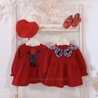 Váy xoè nhung đỏ 2 kiểu nơ đen/ cổ hoa