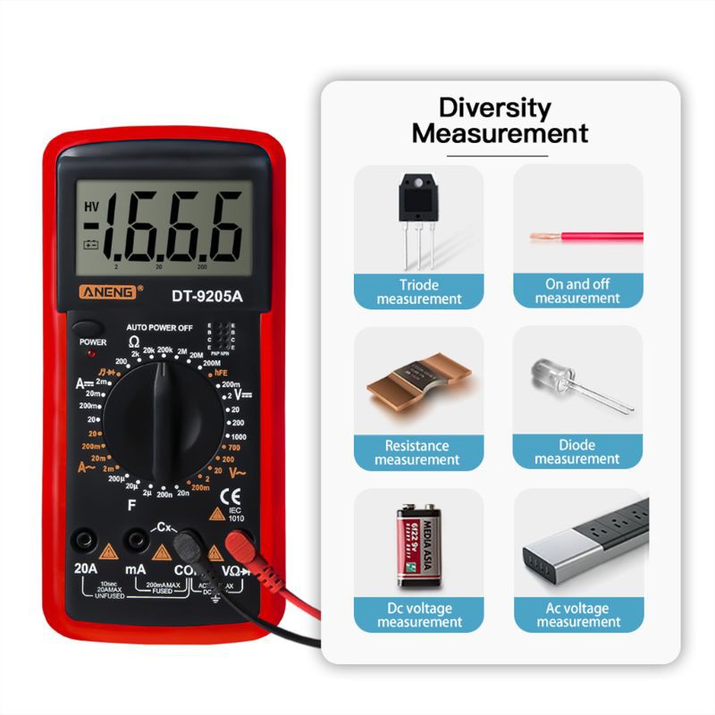 AOT.DT9205A Digital Multimeter hFE AC DC Triode Diode Resistance Amp Electric Tester