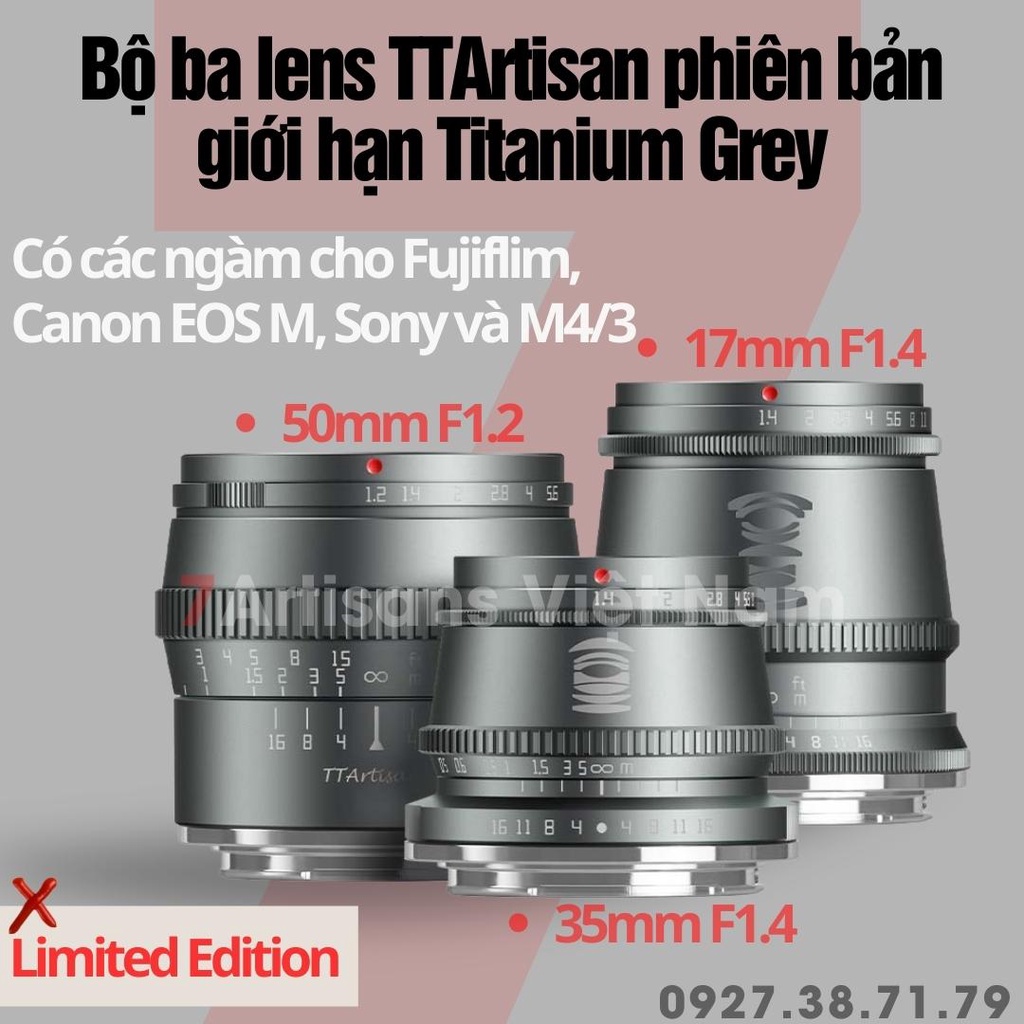 Bộ 3 lens ống kính TTArtisan 17mm F1.4 , 35mm F1.4 , 50mm F1.2 phiên bản giới hạn Titanium Grey - Limited Edition