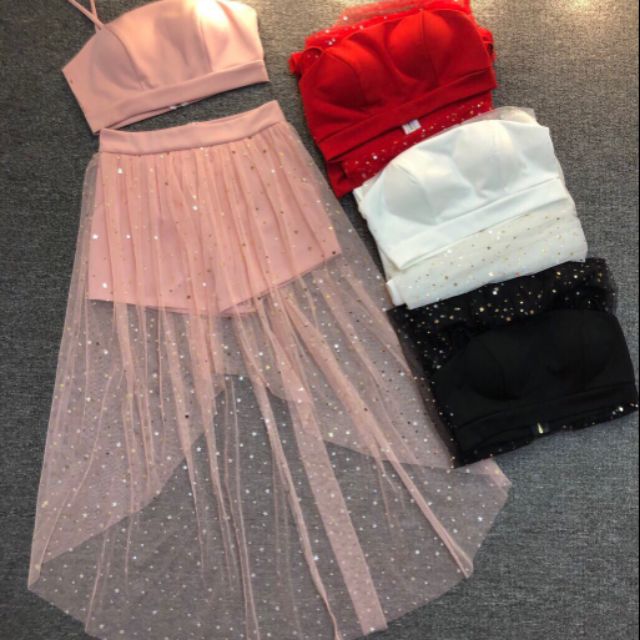 Set áo croptop quần short phối lưới kim sa dài