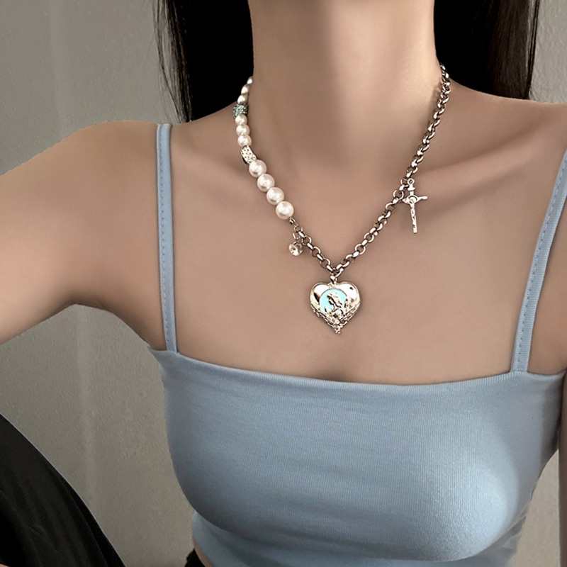 Dây chuyền chuỗi hạt ngọc trai giả phối thánh giá phong cách vintage 19A1065