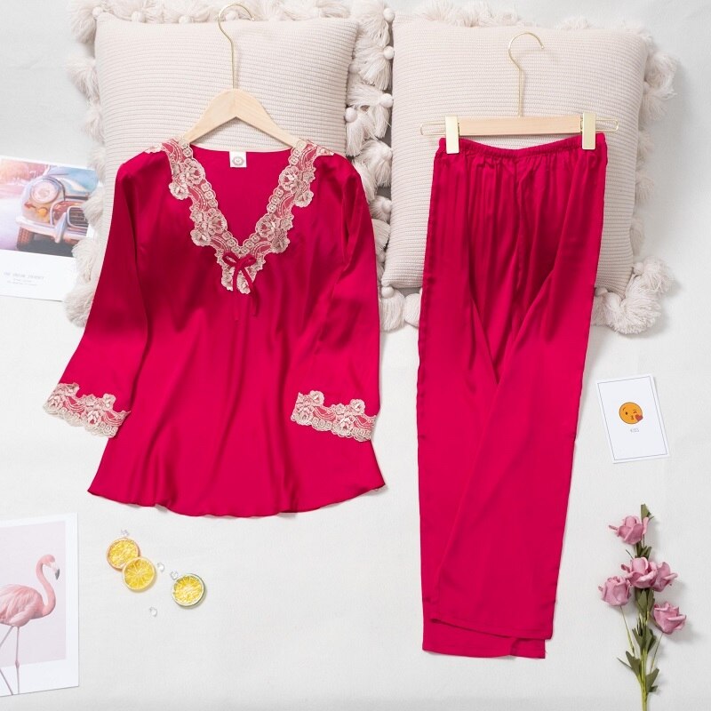 Bộ Đồ Ngủ Tay Dài Cổ Chữ V Chất Liệu Satin Mềm Mại Quyến Rũ Cho Nữ