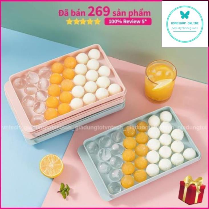 Khay làm đá viên tròn, khuôn làm đá tủ lạnh thông minh có nắp đậy loại 33 viên loại 50 viên HOVN0001
