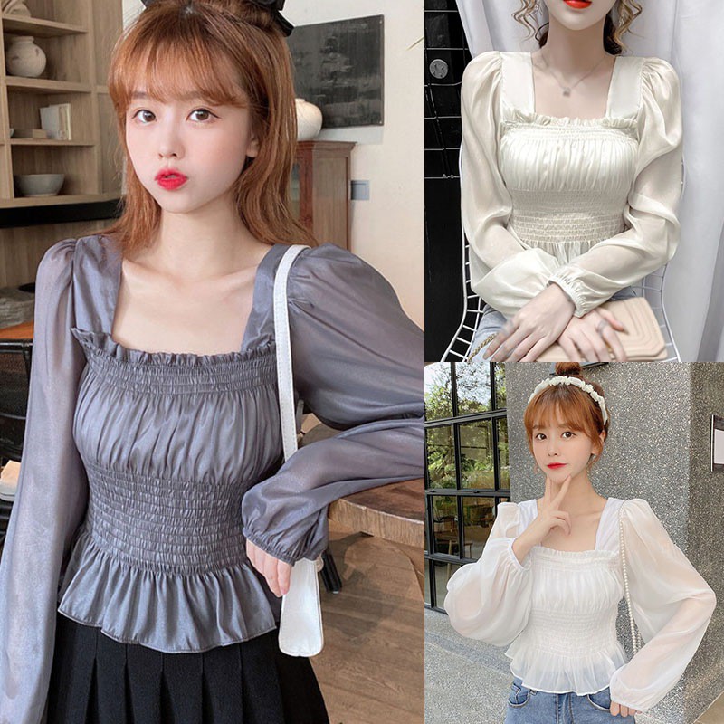 Áo Kiểu Chất Chiffon Tay Ngắn Thiết Kế Cổ Vuông Thanh Lịch