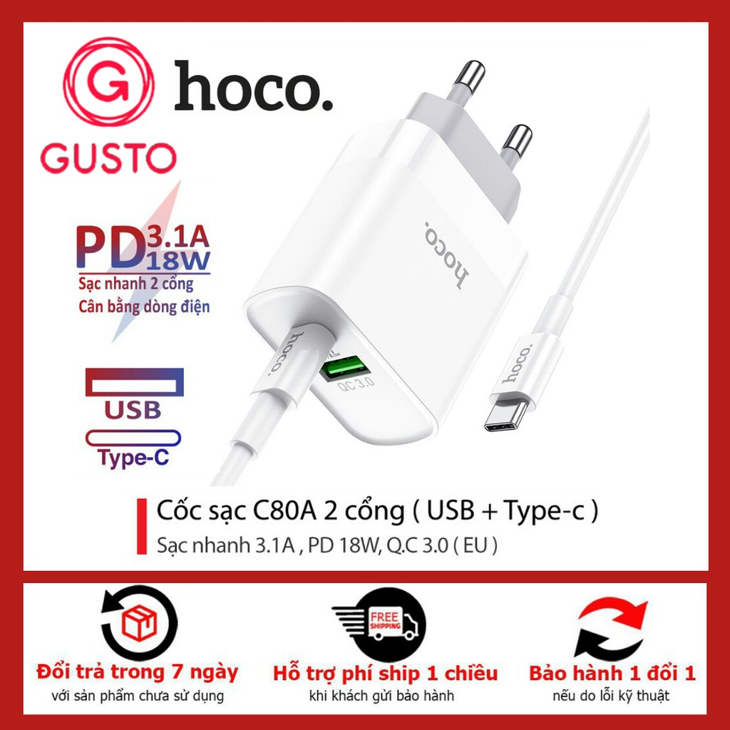 Bộ Sạc Nhanh Iphone 18W Hoco C80A 🔥FREESHIP🔥 Hỗ Trợ Sạc Nhanh PD3.0 18W Cho Iphone/Ipad - Bảo Hành 12 Tháng