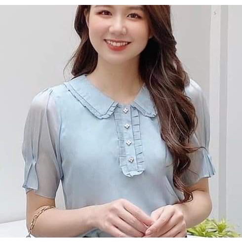 Áo sơ mi nữ công sở thời trang SURI vải tơ Ý màu xanh tiểu thư cổ cánh sen xếp ly tay ngắn-XANHCOBAN