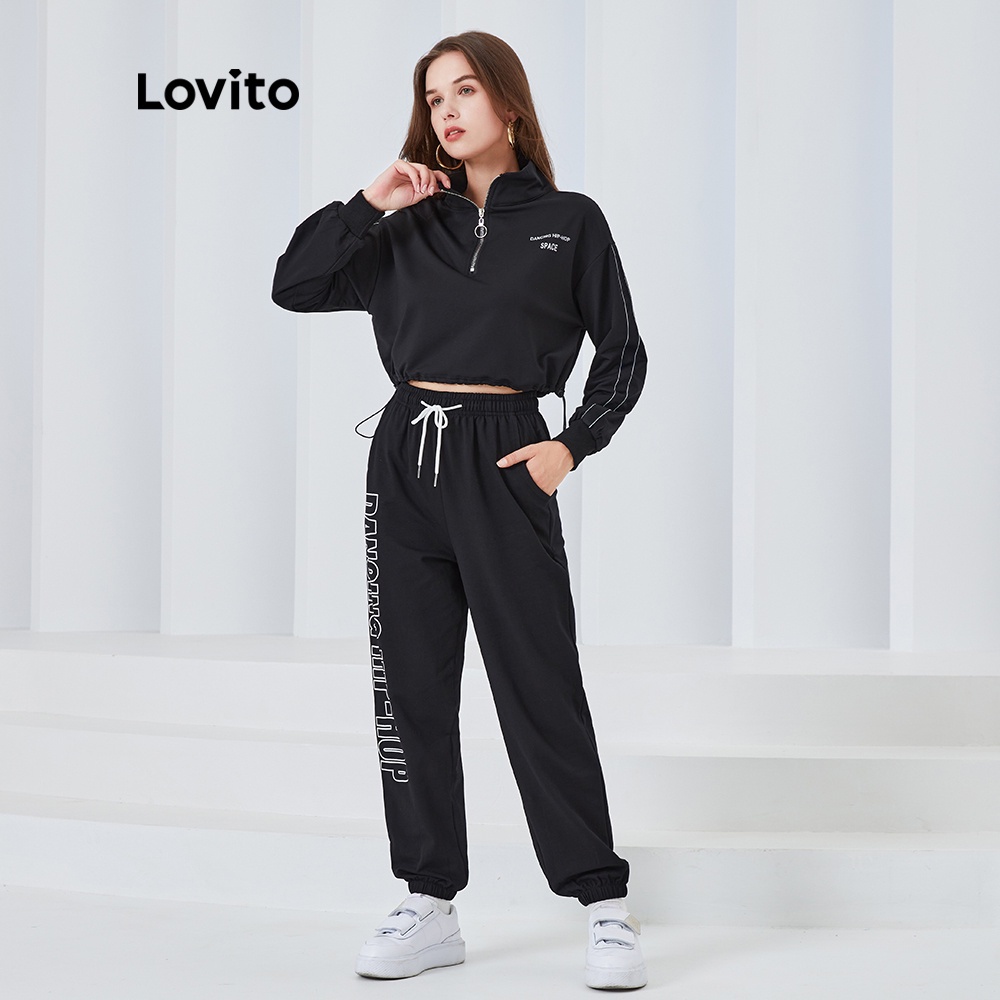 Áo sweatshirt thể thao Lovito dáng rộng dây rút có khoá kéo in họa tiết chữ L04072 (màu đen) | BigBuy360 - bigbuy360.vn