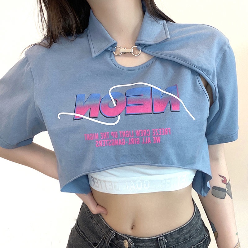 Áo Thun Croptop Tay Ngắn Dáng Rộng Màu Sắc Trơn Thời Trang Mùa Hè Dành Cho Nữ