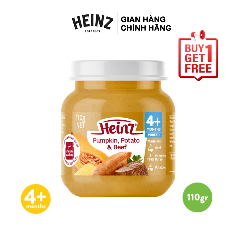 Dinh Dưỡng Bí Đỏ, Khoai Tây &amp; Bò Nghiền HEINZ 110g (Date 01/09/2022) + Tặng 1 Hũ Táo Xoài 110g (Date T07/2022)