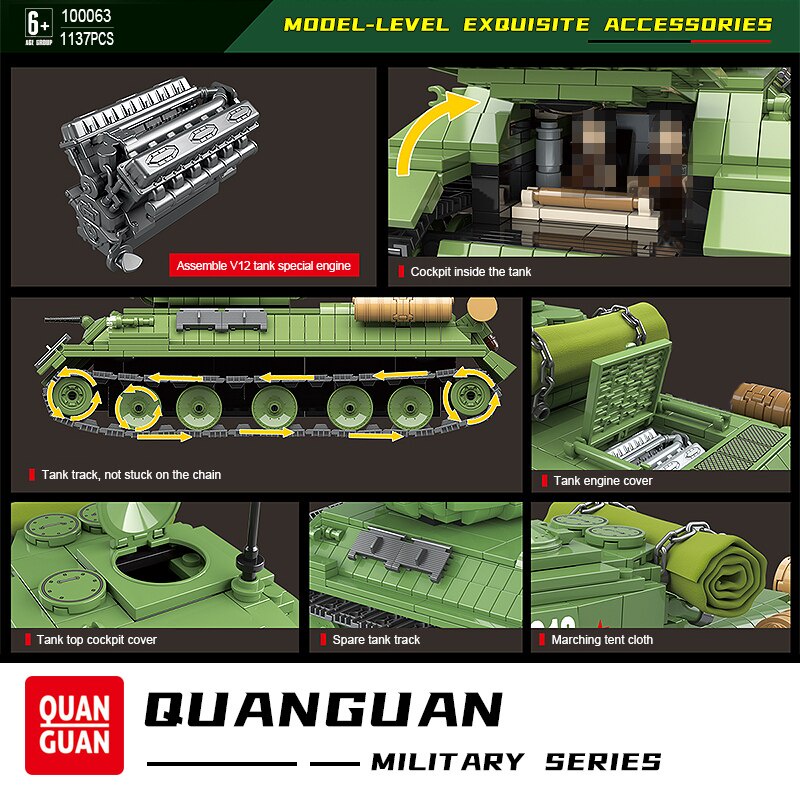 Đồ chơi Lắp ráp Mô hình xe tăng 100063 WW2 Blocks T-34 Medium Tank