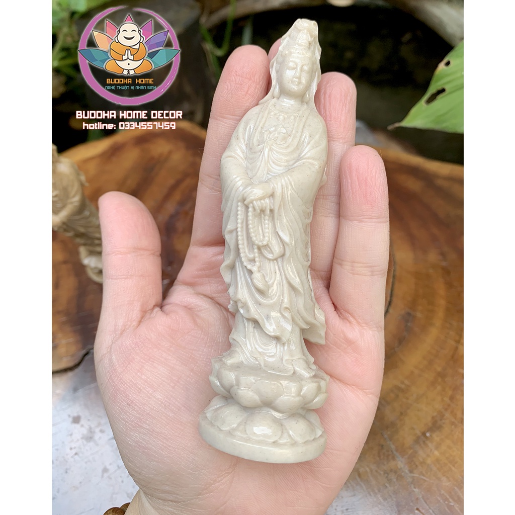 Tượng Mẹ Quan Âm 11cm đá sỏi màu trắng vàng trang trí nội thất nhà cửa- phong thủy- thờ cúng