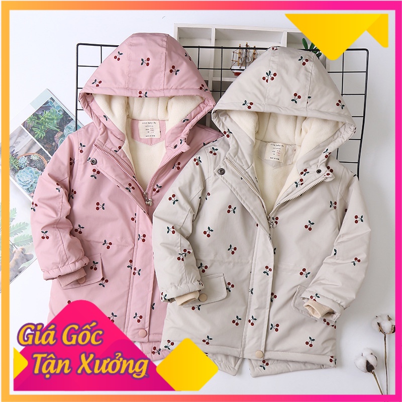 Áo khoác em bé gái 4-14 tuổi hình quả chery bên trong lót lông, Áo Parka trẻ em nữ hàng xuất khẩu xịn sò