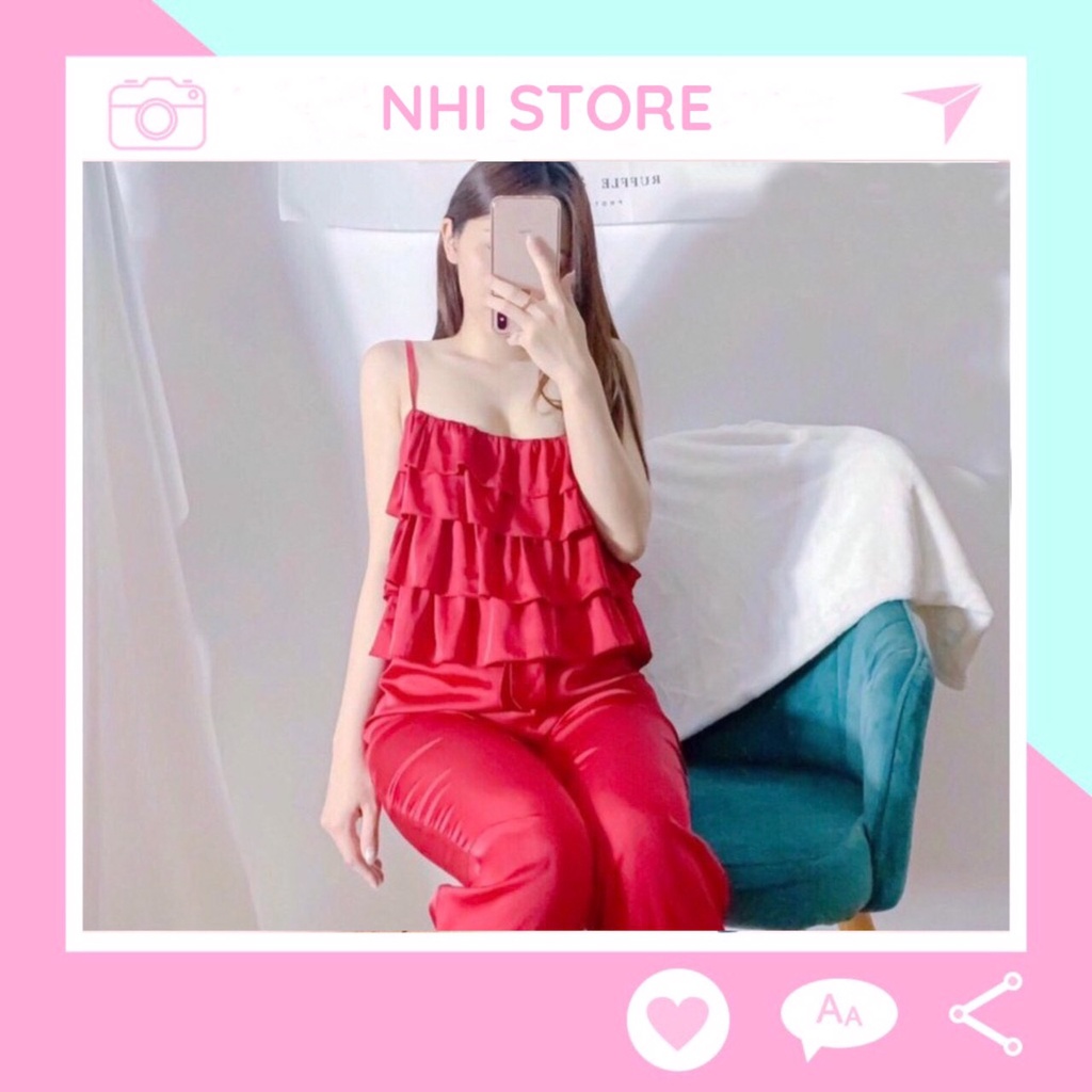 [FREESHIP 50K] Bộ Mặc Nhà Nữ NHISTORE Quần Dài Áo 2 Dây Bèo  4 Tầng Chất Lụa Satin Loại 1  Dưới 57kg