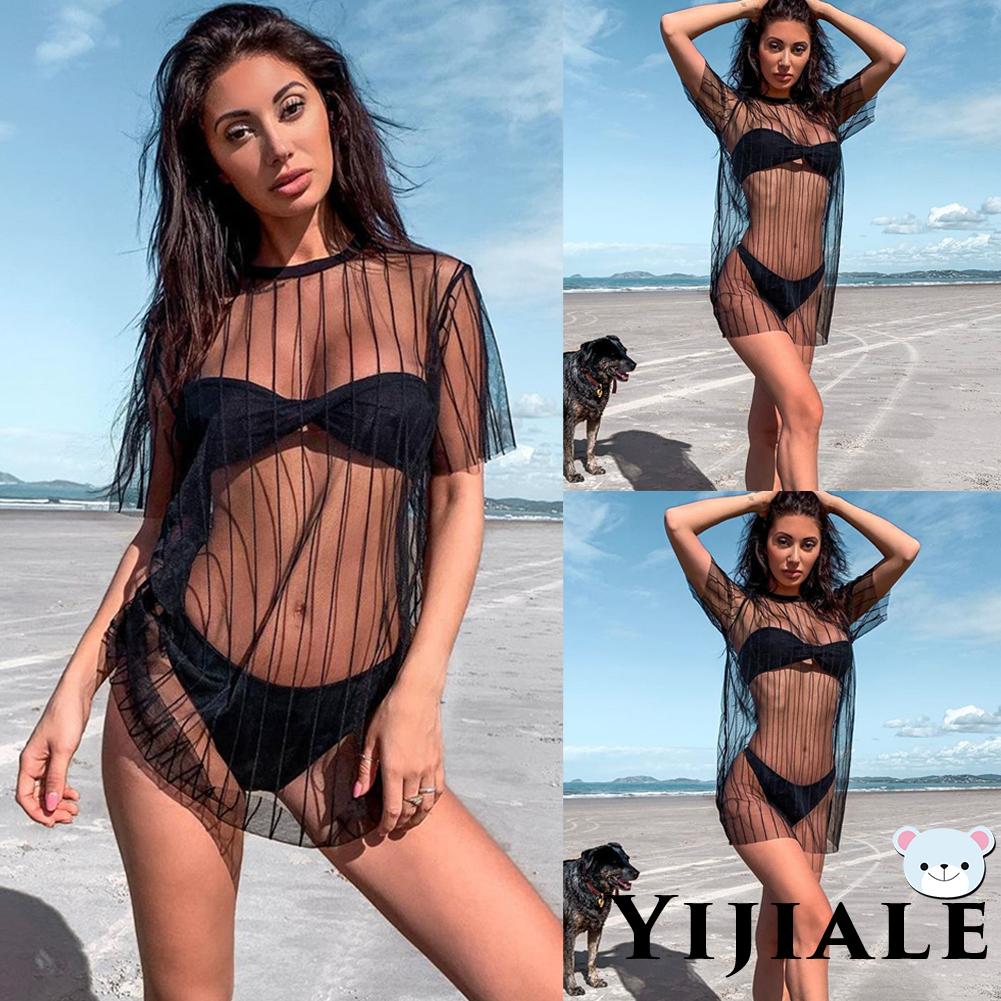 Áo Lưới Xuyên Thấu Tay Ngắn Cổ Tròn Họa Tiết Kẻ Sọc Thời Trang Đi Biển Cho Nữ