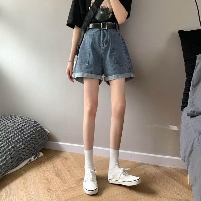 Quần ngắn daduhey denim ống rộng lưng cao viền lai lật cổ điển thời trang mùa hè 2022 dành cho nữ