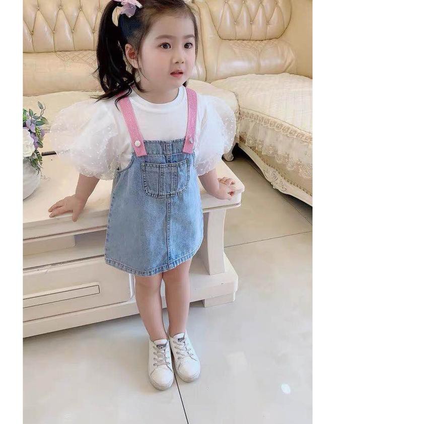 ☆ Set Đầm Yếm jeans Và Áo Thun Tay Ngắn Thời Trang Cho Bé Gái