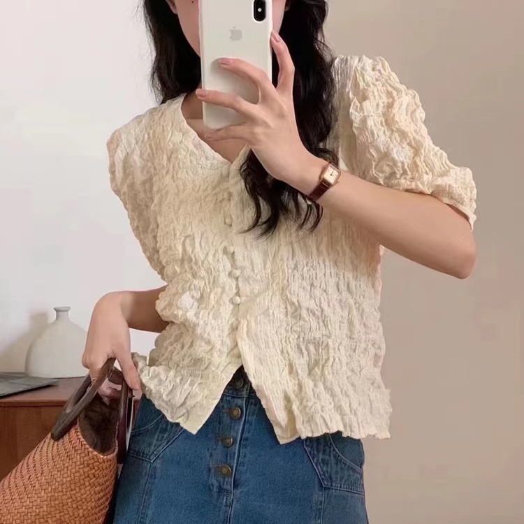 Áo kiểu SUXI tay ngắn phồng cổ chữ v màu sắc đơn giản phong cách Hàn Quốc cho nữ