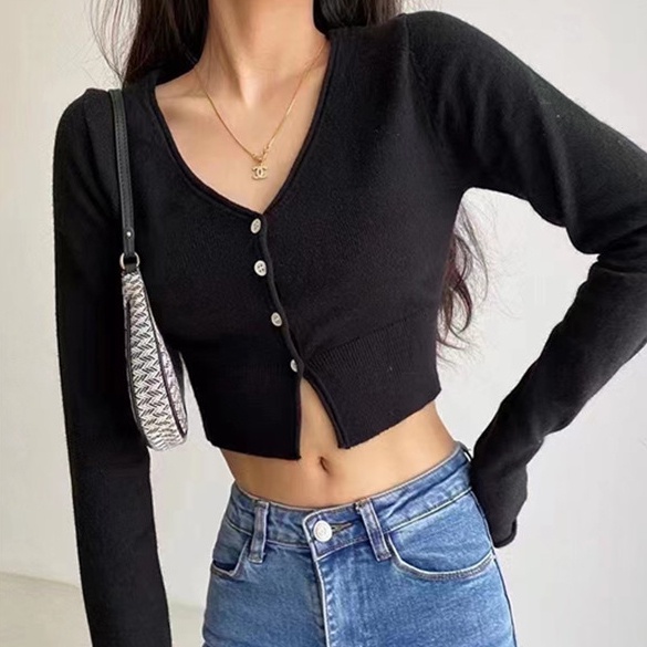 SUXI Áo Dệt Kim Tay Dài Cổ Chữ V Dáng Ôm Phong Cách Vintage Dành Cho Nữ