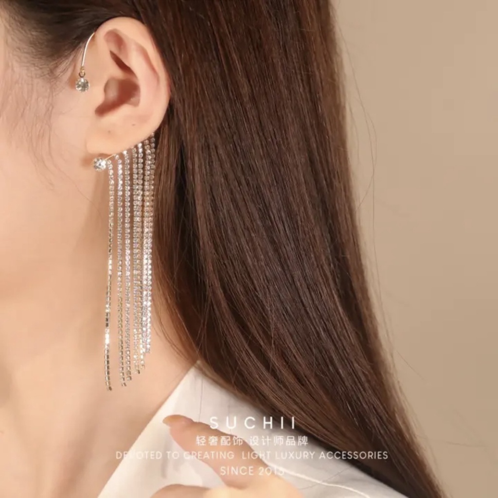 Khuyên Kẹp Vành Tai Dáng Dài Đính Đá Zircon Lấp Lánh Sang Trọng Thời Trang Cho Nữ