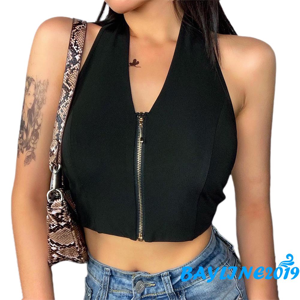 Áo Tank Top Hai Dây Cổ Chữ V Sâu Màu Trơn Có Khóa Kéo Gợi Cảm Cho Nữ