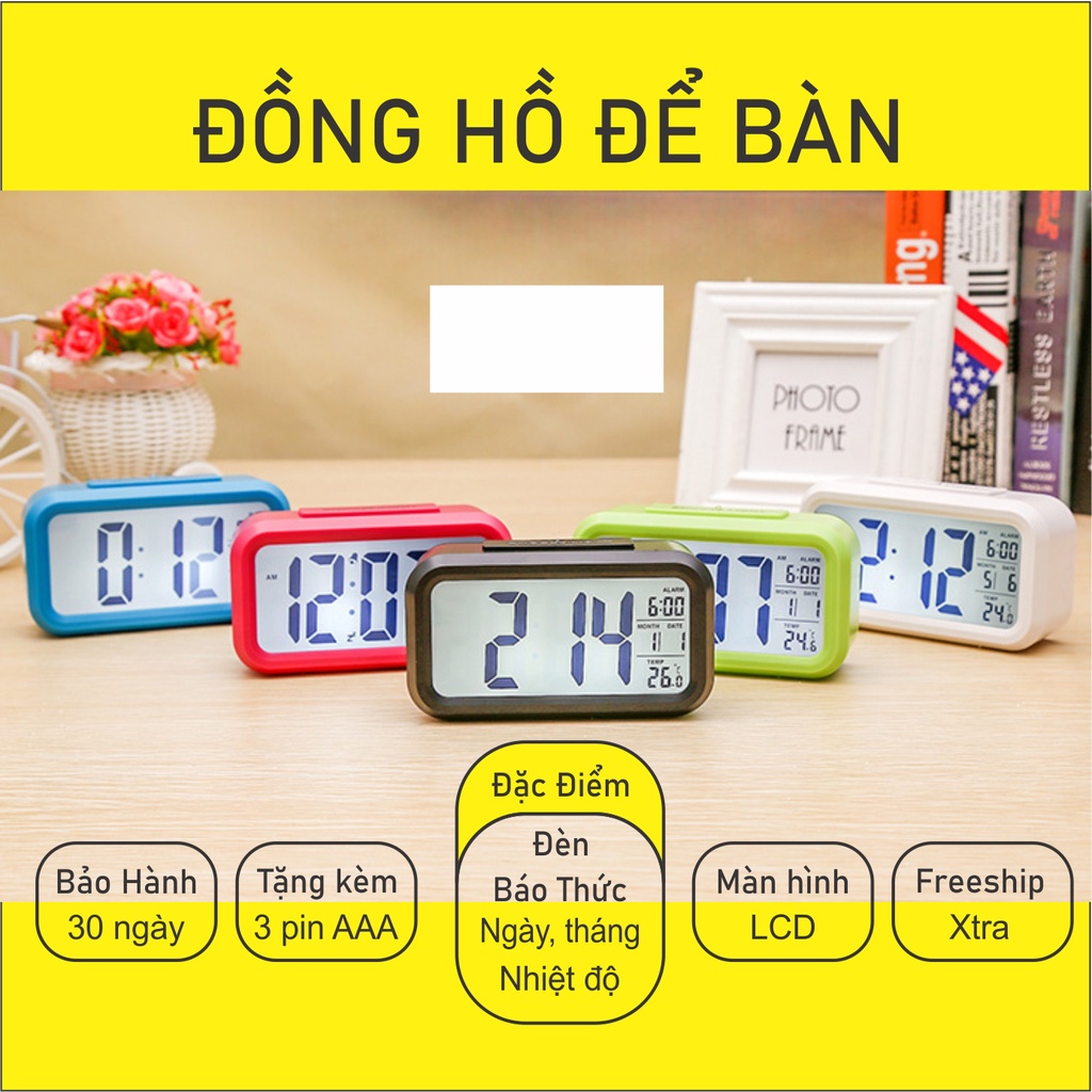 Đồng Hồ để bàn có Báo Thức Điện Tử - Màn Hình LCD - có thể hiện Lịch và Nhiệt Độ (kèm 3pin AAA xịn)