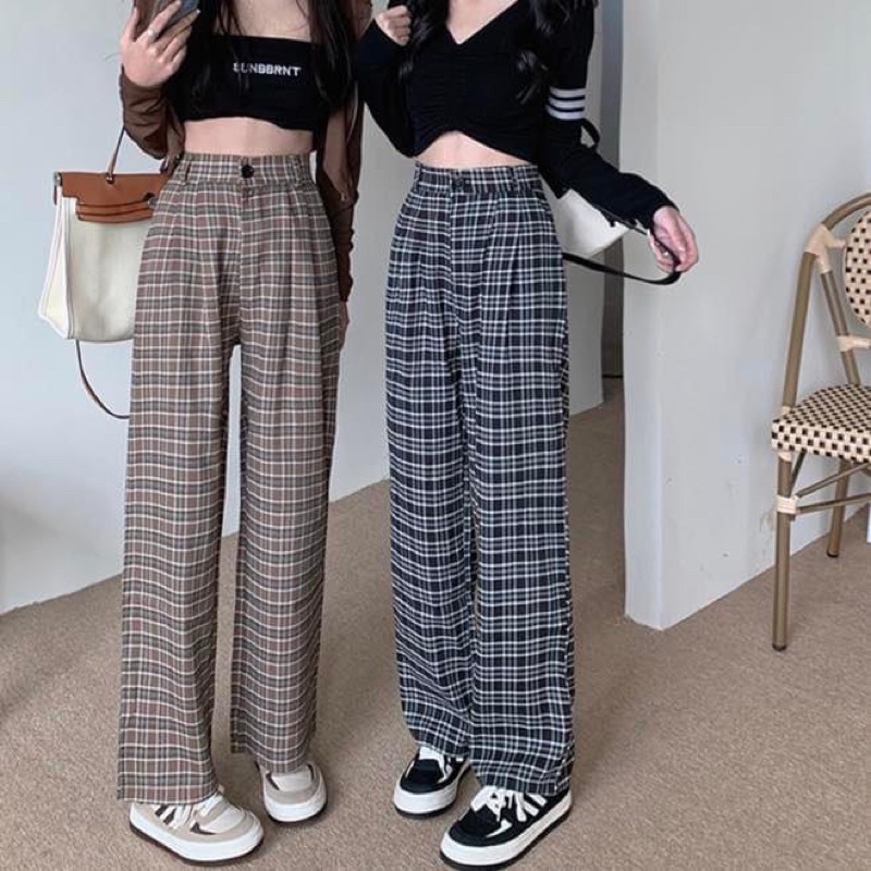 Quần baggy tây sọc caro nữ dáng suông dài ống đứng basic - Order taobao quảng châu