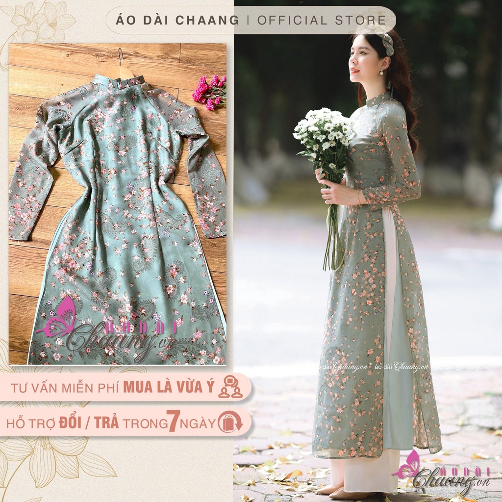 Áo dài hoa nhí 4 tà Chaang may sẵn áo dài xanh rêu truyền thống dự tiệc lễ tết đẹp