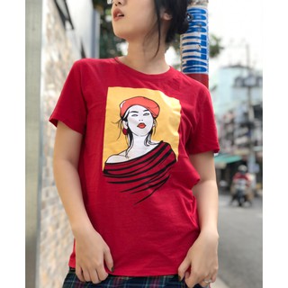 Áo thun nữ đỏ dáng dài xuất xịn in hình vải cotton không xù lông