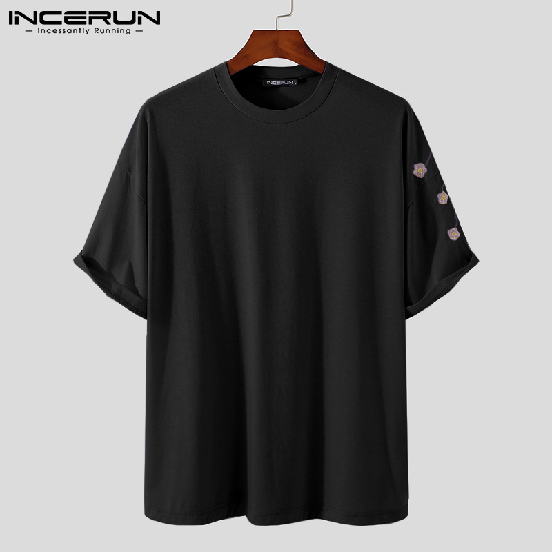 Áo Thun T-shirt INCERUN Dành Cho Nam Thiết Kế Tay Ngắn Thêu Hình Đơn Giản Trơn Màu
