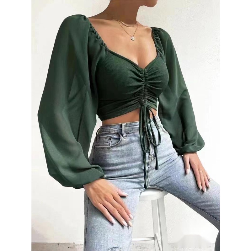 Áo Dệt Kim Tay Dài Cổ Chữ V Dây Rút Vải Voan Dáng Ôm Thời Trang Cho Nữ