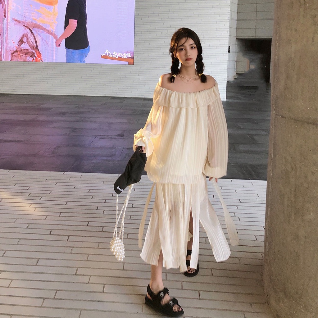 Áo trễ vai nữ bánh bèo tiểu thư chun tay chân váy dài xẻ form rộng phong cách vintage