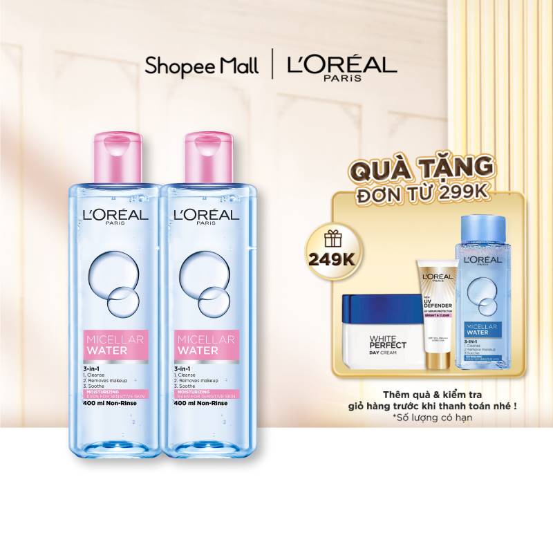 Bộ 2 nước tẩy trang dưỡng ẩm mượt da 3-in-1 L'Oreal Paris Micellar Water