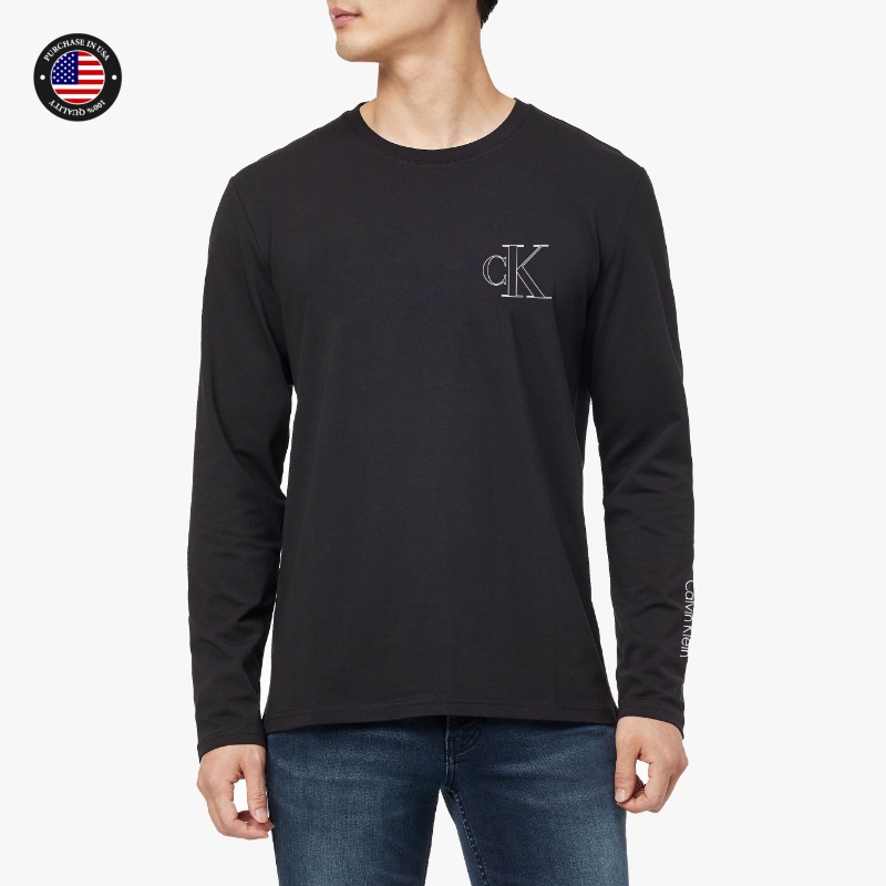 Áo Thun Cotton Calvin Klein Tay Dài Cổ Tròn Dáng Rộng Màu Trơn Trẻ Trung Cho Nam