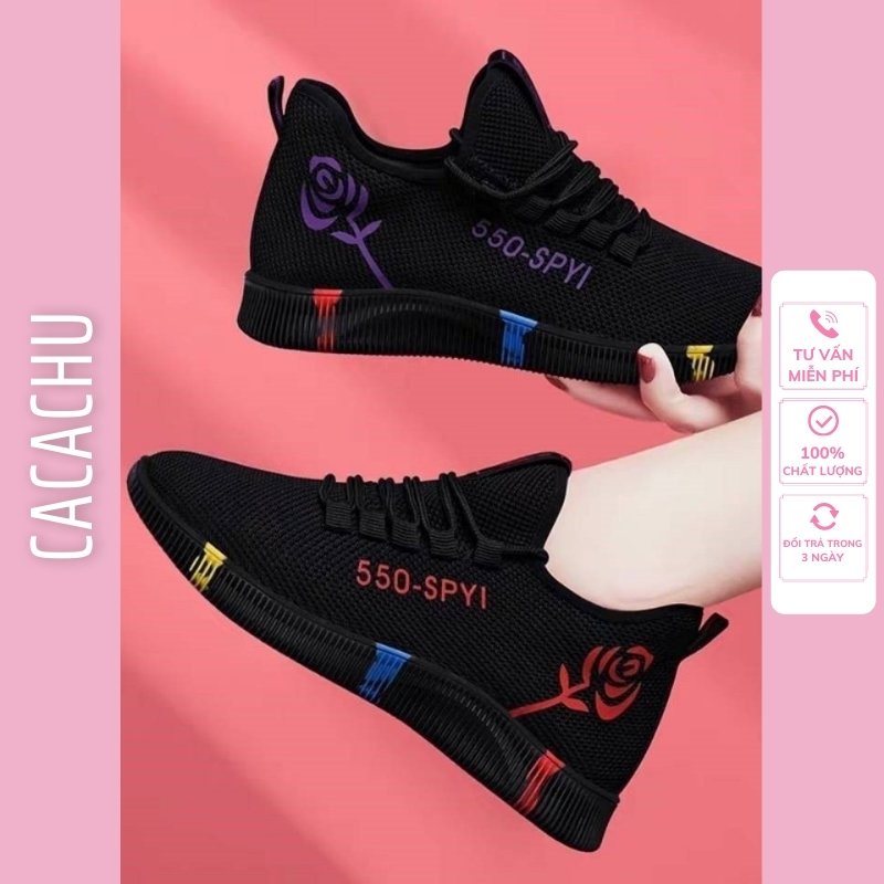 Giày nữ thể thao sneaker hot trend 2021 đẹp màu đen 550-Spyi CACACHU G005, đế siêu êm gót hình bông hoa hồng thời trang