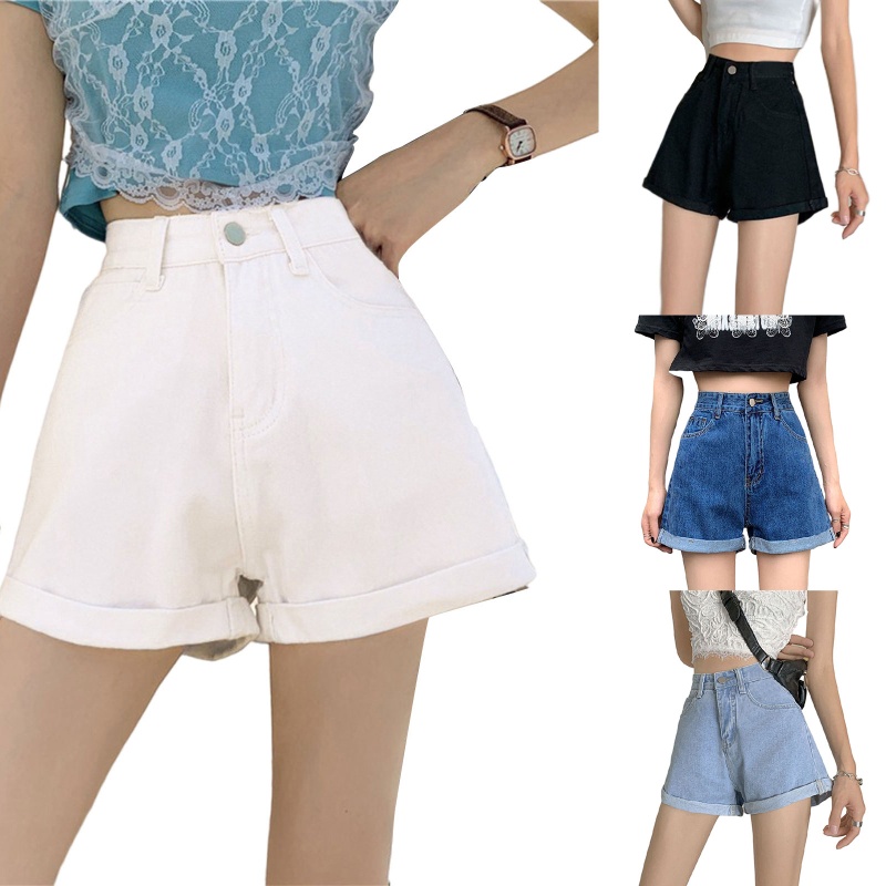 Quần Short Denim Lưng Cao Dáng Chữ A Ống Rộng Thời Trang Cho Nữ