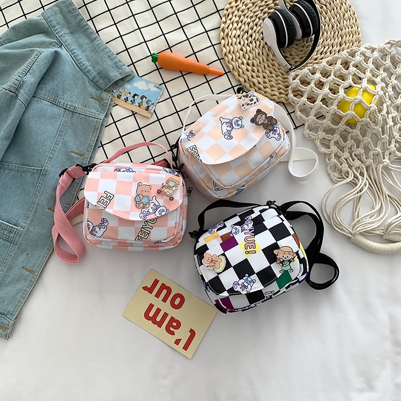 Túi Đeo Chéo Vuông Nhỏ Đựng Điện Thoại Sức Chứa Lớn In Họa Tiết Caro Dễ Thương Cho Nữ