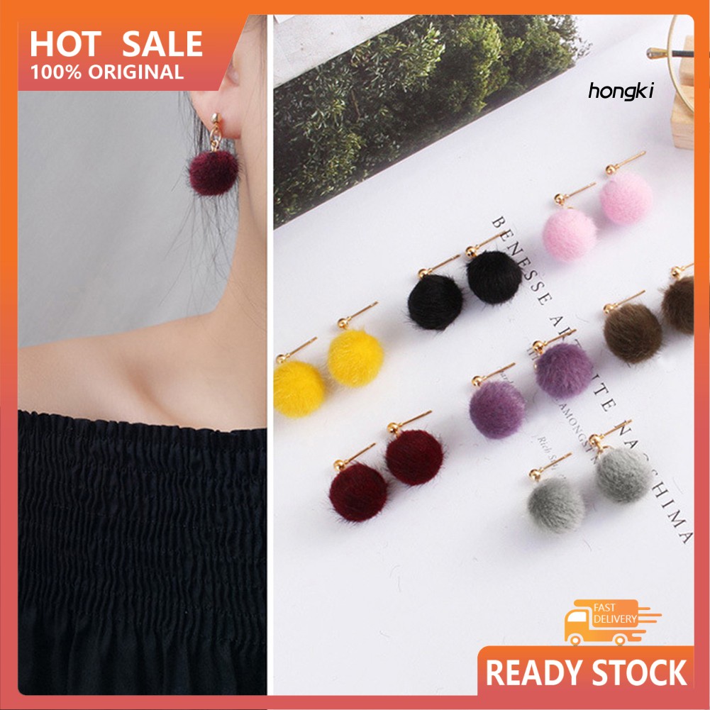 Khuyên tai quả cầu lông xù thời trang mùa đông cho nữ tùy chọn màu sắc