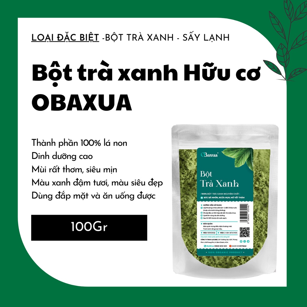 100GR bột trà xanh đắp mặt nguyên chất Organic - mỹ phẩm Handmade - B002.005