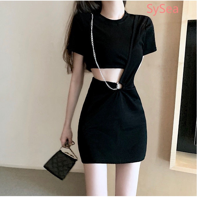 Đầm tay ngắn màu đen thiết kế cá tính thời trang mùa hè dành cho nữ