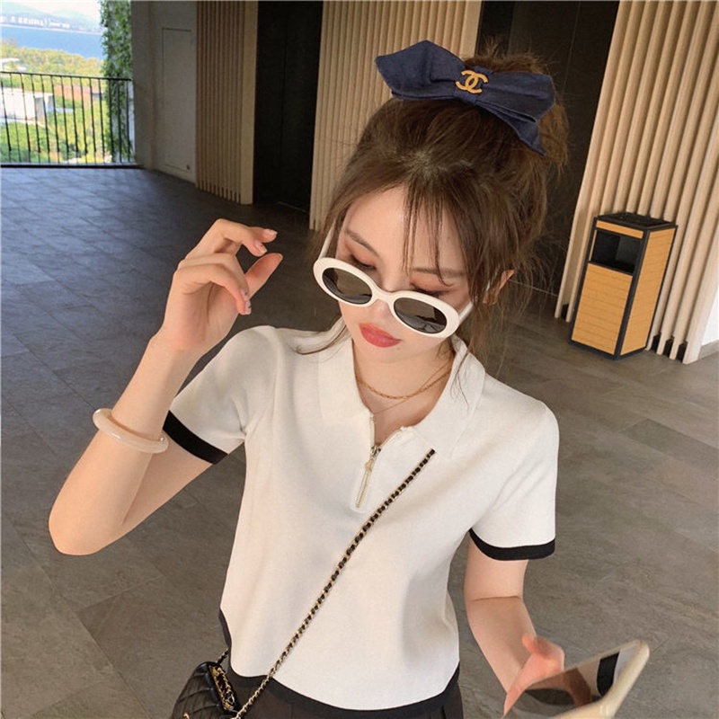 Áo thun IELGY tay ngắn cổ polo dệt kim thời trang cho nữ