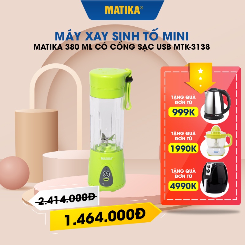 [Mã BMBAU50 giảm 10% đơn 99k] [Mã ELHA22 giảm 5% đơn 300K] Máy Xay Sinh Tố Mini MATIKA 380 ml Có Cổng Sạc USB MTK-3138