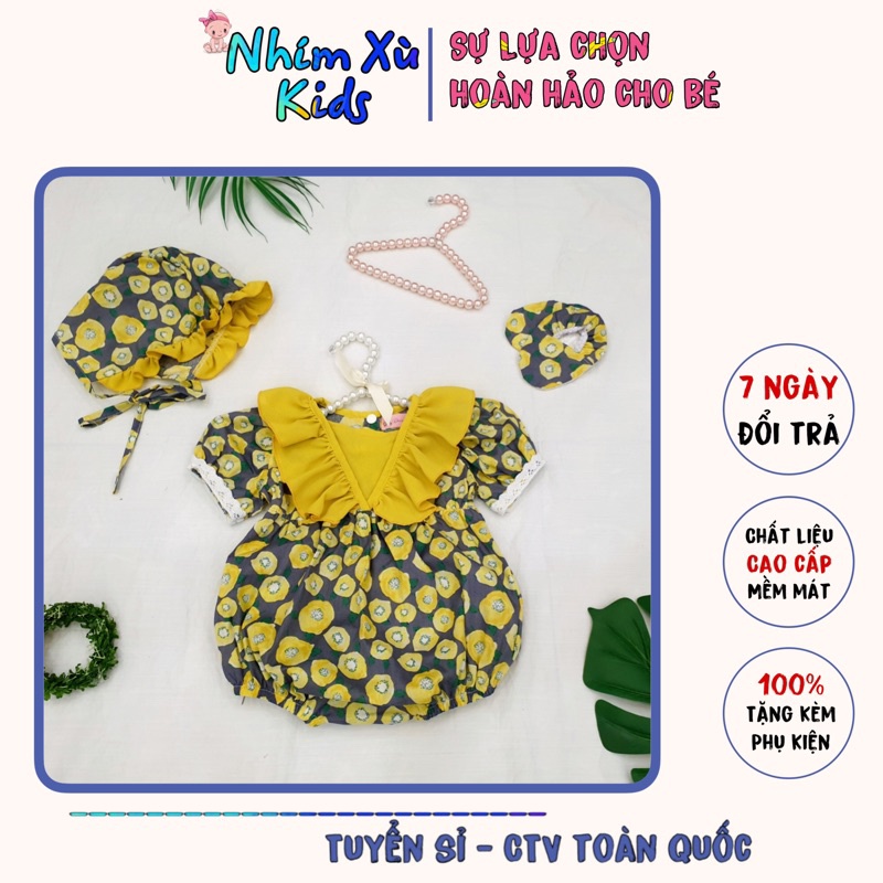 Bodysuit bông bí màu vàng bé gái sơ sinh đến 12kg, body tay ngắn 3 chi tiết cho bé gái [A164]