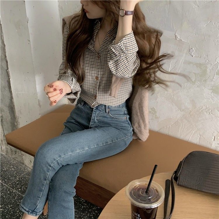 Áo sơ mi RENJIANVSHENG 164210 tay dài xếp nếp phong cách Hong Kong retro thời trang