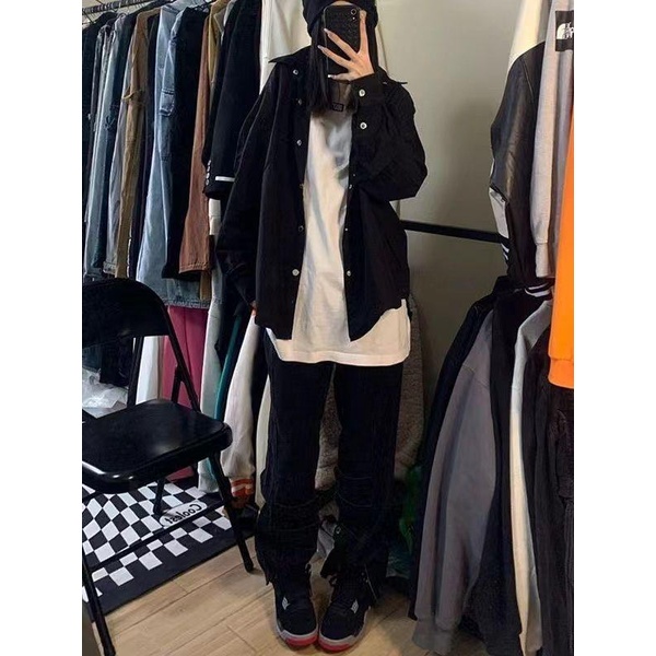 Quần Jeans Đen Cột Dây Ống Suông Phong Cách Đường Phố Mỹ Cho Nữ