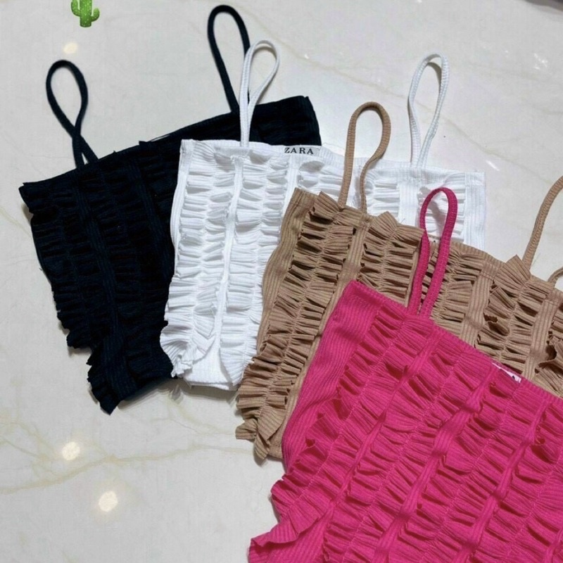 Áo 2 dây phối bèo tiểu thư chất gân co giãn, thời trang mùa hè