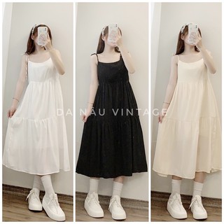 Đầm Babydoll trắng nữ 2 dây trơn có lớp lót – Da Nâu Vintage